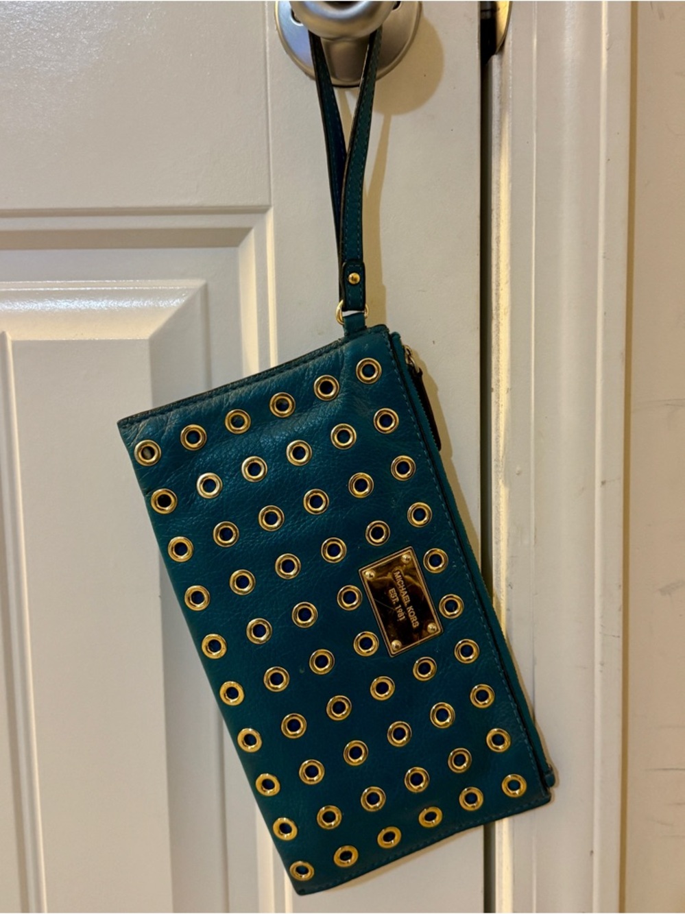 Authentic Michael Kors Teal Leather Wristlet with Gold Grommets